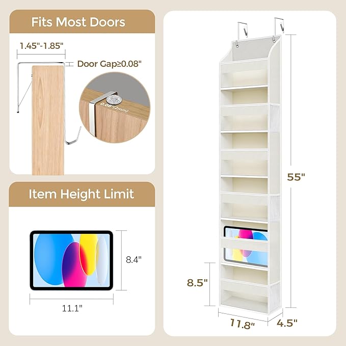 3-Pack Small Over the Door Hanging Organizer, 6 Clear Pockets and 6 Mesh Pockets, 11.8” Wide for Narrow Cabinet Doors, French