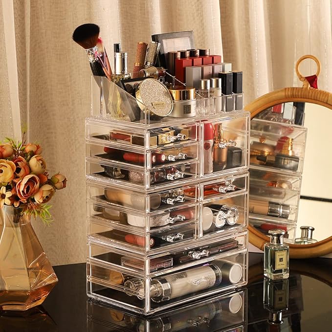 Cq acrylic Clear Makeup Storage Organizer Drawers Skin Care Large Cosmetic Display Cases Stackable Storage Box With 11 Drawer