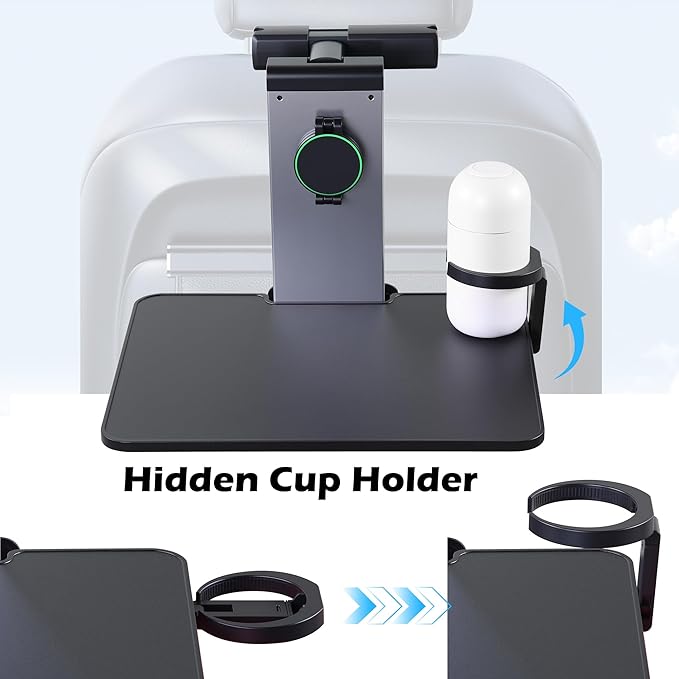 Back Seat Car Tray & Car Desk for Laptop, Wood Cup Holder Table Aluminum Cantilever Laptop Mount for Vehicle,Steering Wheel Tray Fits for Tesla Model Y/3/S Camry Forester F150 Tundra&Most Vehicles