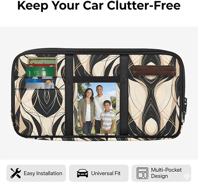 Geometric Zippered Sun Visor Organizer Clip on with Picture Holder Velcro Closure Storage Pouch with Adjustable Straps and Multi-Pocket Easy Installation Universal Fit for Most Cars SUV