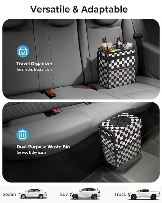 Corduroy Car Trash Can with Lid and Mesh Pockets - Leakproof Organizer,Multipurpose Waterproof Garbage Can/Trash Bin for Car(Black and White Check-2 Gallons)