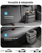 Corduroy Car Trash Can with Lid and Mesh Pockets - Leakproof Organizer,Multipurpose Waterproof Garbage Can/Trash Bin for Car(Black and White Check-2 Gallons)