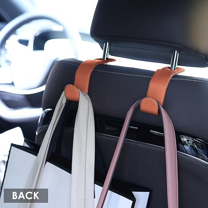 Leather Hooks for Headrest - Fully Leather-Wrapped U-Shaped Purse Holder for Car, Flexible Seat Back Organizer & Durable Car Accessories for Purses, Bags, Coats & More (Brown, 2 Pack)