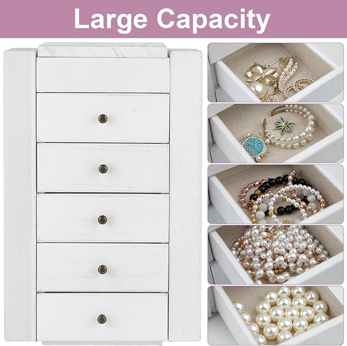 Meangood White Jewelry Box Wood for Women, 6-Layer Large Organizer Box with Mirror & 5 Drawers for Rings, Earrings, Necklaces