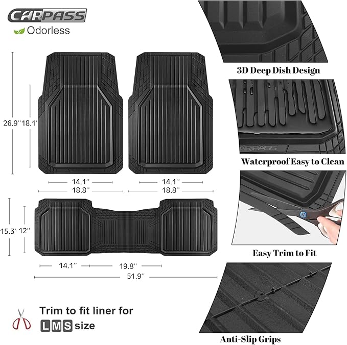 CAR PASS Heavy Duty Rubber Floor Mats for Car, Waterproof Liner Deep Dish Car Mats Full Sets, Universal Trim to Fit for SUV Truck Sedans Vans, All Weather Automotive Floor Mats 3pcs, Solid Black