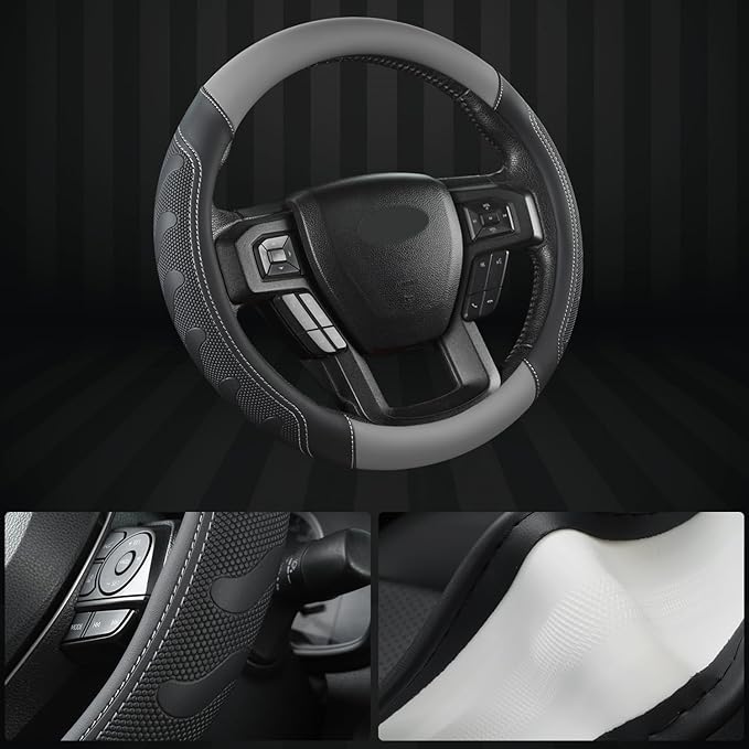 GIANT PANDA Car Steering Wheel Cover for Ford - F150 F250 F350 Expedition, (15.5-16 inches - Black+Gray)