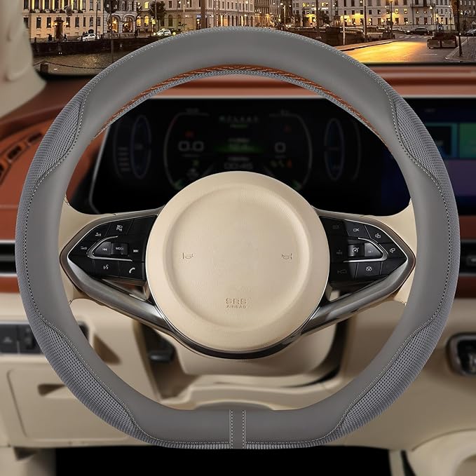 14 inch D Shaped Steering Wheel Cover for Prius Civic, Nappa Microfiber Leather Non-Slip Breathable Fabric, Warm in Winter an