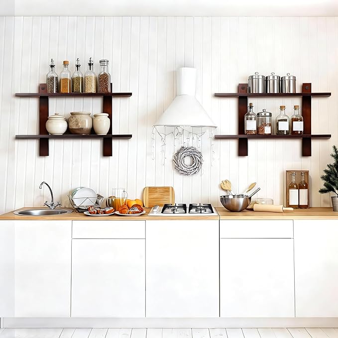 Floating Shelves for Wall Set of 2 Long 2 Tier Wood Wall Mounted Shelves Mid Century Modern Decorative Storage Plant Photo Di