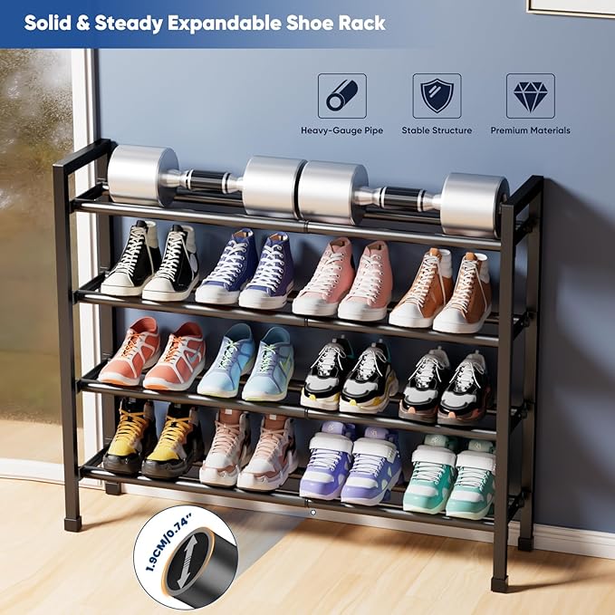 Abiglifty 4-Tier Expandable Shoe Rack,17"-33" Adjustable Shoe Rack for Closet,Metal Shoes Shelves for Front Door Entrance, Ga