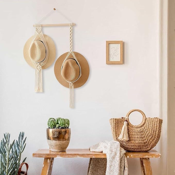 Tissting Macrame Hat Hangers Boho Hat Rack for Wall Hat Holder Display Organizer Bobo Hanging Hat Organizer Storage for Wide 
