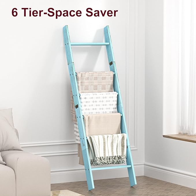 Honest Blanket Ladders for The Living Room, 6-Tier Blanket Holder, Wall-Leaning Blanket Rack, Ladder Shelves, Wooden Quilt La