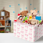 Pink Bow Storage Basket Waterproof Canvas Toy Storage Bin Coquette Room Decor Collapsible Outdoor Basket with Leather Handles