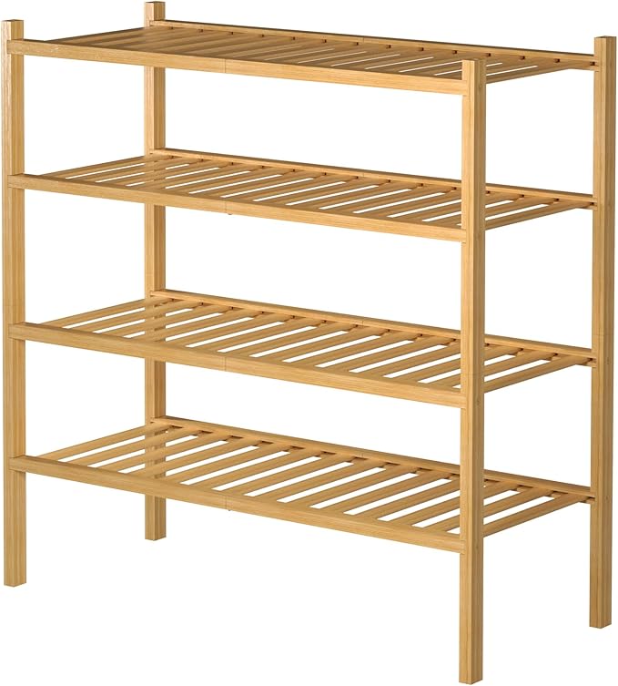 ROMGUAR CRAFT 4 Tier Bamboo Shoe Rack for Closet Free Standing Wood Shoe Shelf for Entryway Small Space Stackable 27"x11"x26"