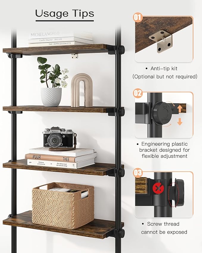 ALLZONE 5 Tiers Narrow Bookshelf, Tall Adjustable Ladder Book Shelf with Open Storage, Floor to Ceiling Tension Mount, Wooden
