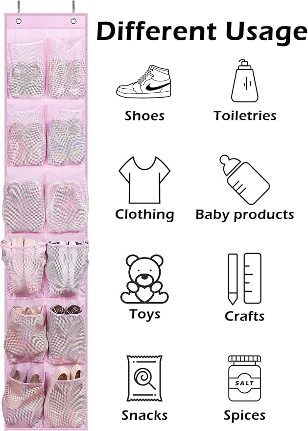 MISSLO Over The Door Shoe Organizer 12 Large Mesh Pockets Hanging Narrow Closet Door, Baby Hanging Shoe Rack Kids Closet Stor