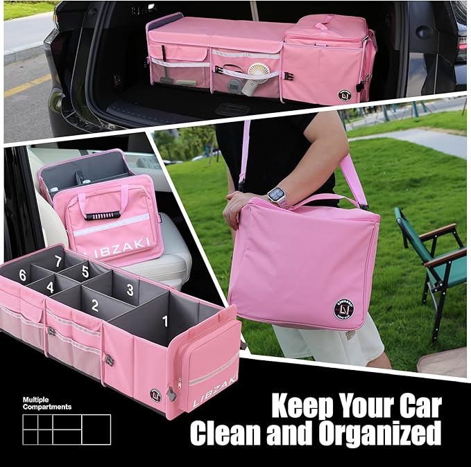 LIBZAKI Oversize 4 in 1 Car Trunk Storage Organizer, Multi Compartment Collapsible Trunk Storage Box with Cooler Bag for Car