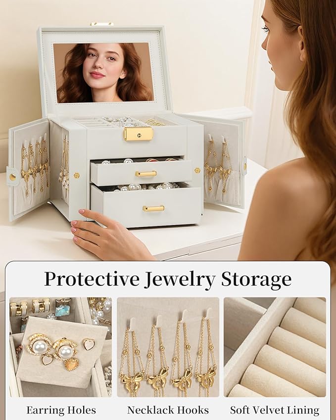 TORIBIO Jewelry Box for Women, Leather Jewelry Organizer with Mirror & Lock, 3-Tier Jewelry Storage Organizer with 2 Drawers 