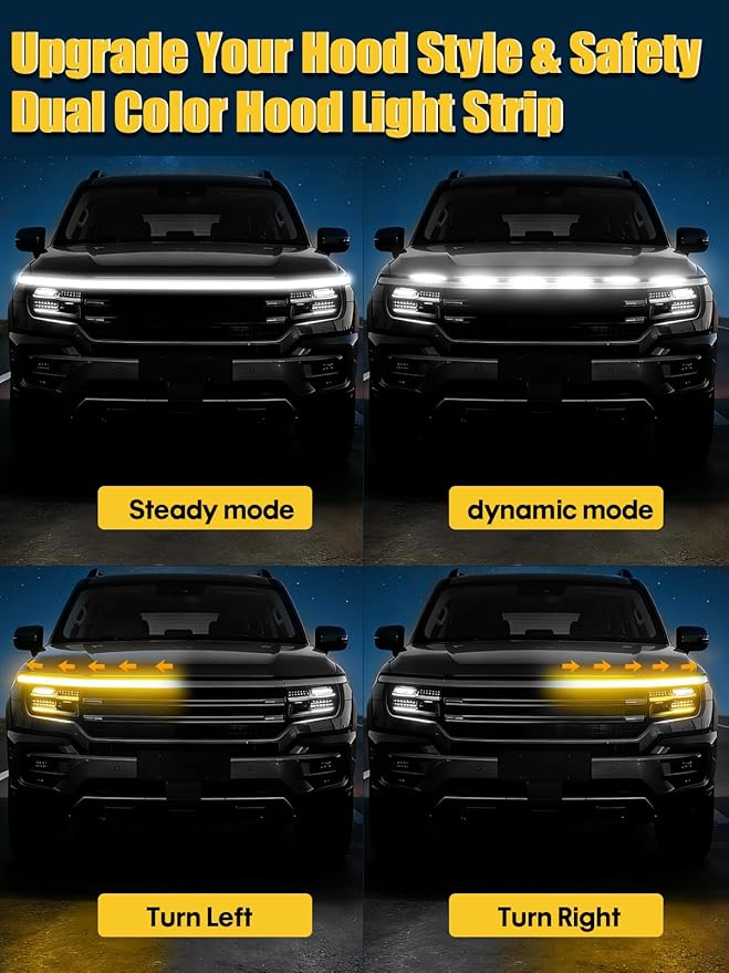Sequential Dynamic Scan LED Hood Light Strip for Cars, Dual Color White DRL with Amber Turn Signal, Flexible Cuttable IP68 Waterproof Exterior LED Light, for Trucks SUVs Vans, 70inch 12V, 1 Set