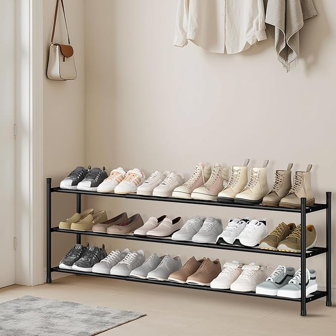 STORAGE MANIAC Long Expandable Shoe Rack, 18 Pairs Metal Wide Stackable Shoe Rack, Adjustable Shoes Shelf, Freestanding Shoes