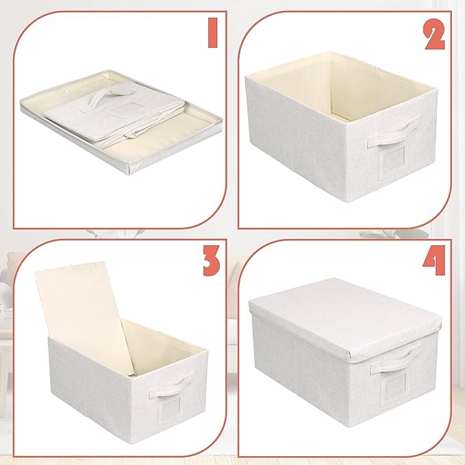 Large 17''x12'' Quart Collapsible Stackable Storage Bins with Lids, 6 Packs Off White Fabric Closet Boxes with Lids, Storage 
