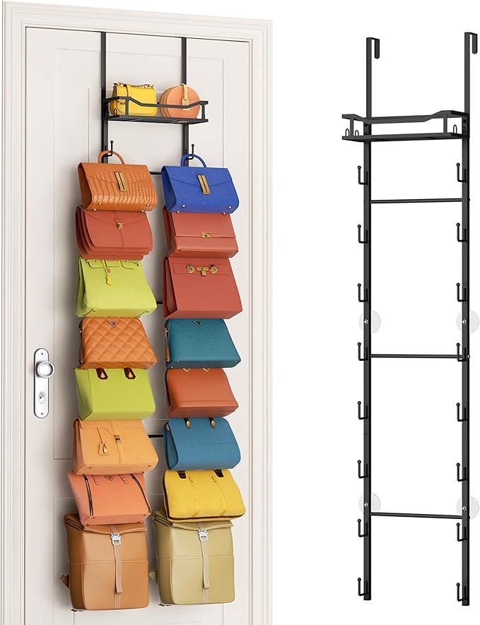 SWTYMIKI Over The Door Purse Organizer - Wall Mounted Purse Rack with 16 Hooks and Metal Basket, Handbag Hanger Organizer Hol