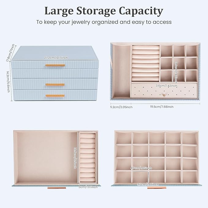 Dajasan Jewelry Box Organizer, 3-Tier Jewelry Storage with 2 Drawers, Large Jewelry Boxes for Women, PU Leather Surface with 