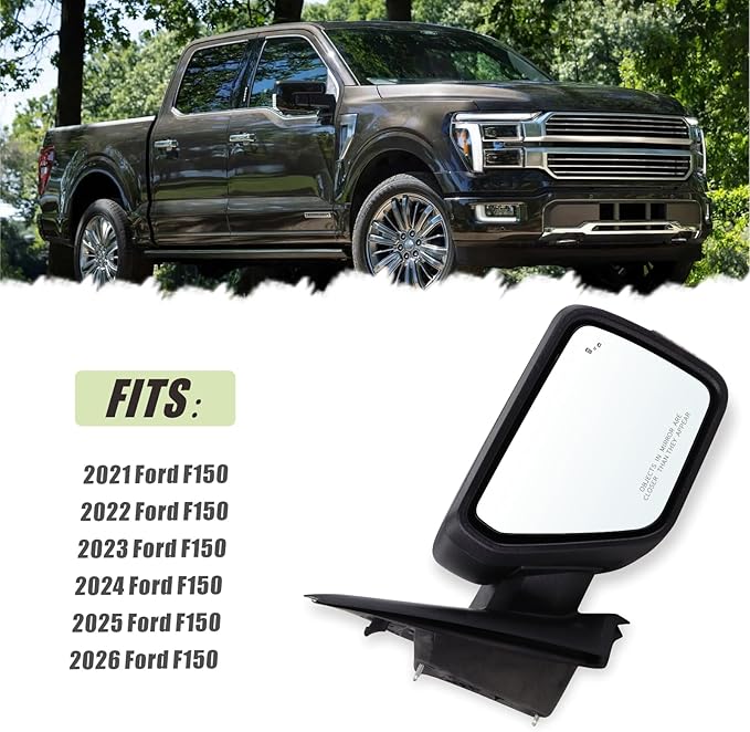 Right Passenger Side Mirror Fits 2021-2026 Ford F150 With Manual Folding Power Glass Heated Blind Spot Turn Signal Puddle Light Temperature Sensors Matte Black Replace#ML3Z17682SA(13Pins)