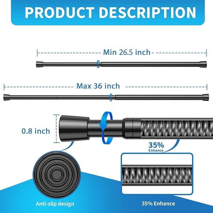 AIZESI Tension Curtain Rod for Windows 26.5 to 36 inch, Adjustable Expandable Pressure Spring Curtain Rod No Drilling, Black 