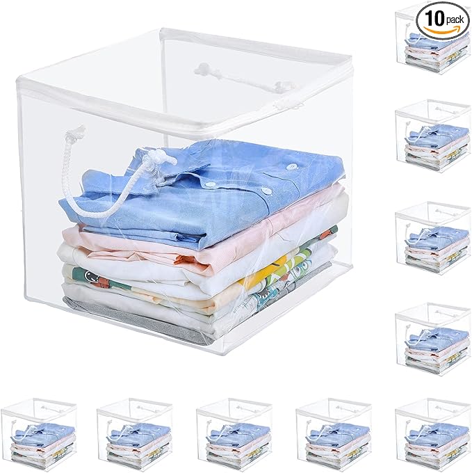 10-Pack Clear Zippered Storage Bags with Handles, Two-Way Zipper Foldable Closet Organizer, Bed Sheet Organizer, Plastic Stor