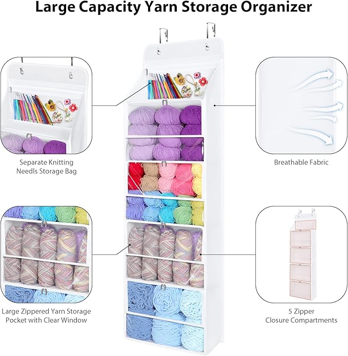 Univivi Hanging Yarn Storage Organizer with 5 Zipper Closure Compartments, Large Capacity Knitting Organizer Storage, Over th