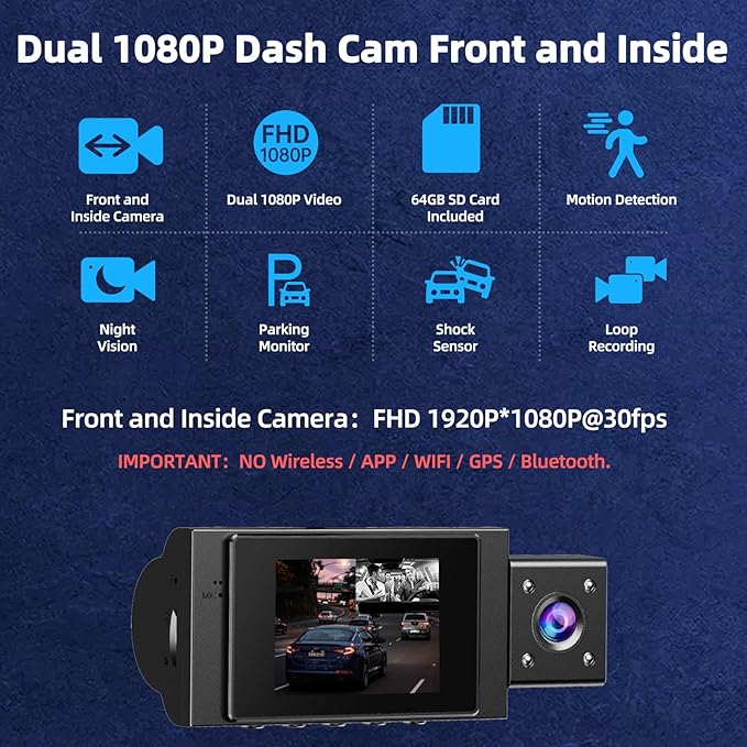 Dual Dash Cam Front and Inside, FHD 1080P Dashcam with 64GB Card, DashCamera for Cars with Night Vision, 24H Parking Monitor,