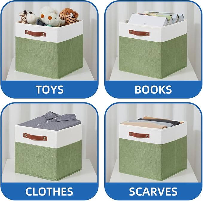 Temary 13 Inch Cube Storage Bin 4 Pack Fabric Storage Cubes Fabric Storage Bin for Shelf, Cube Storage Basket with Leather Ha