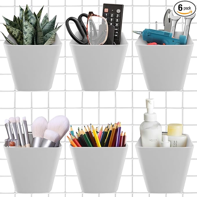 G.CORE Large Grid Wall Bins - 6Pack Gray Gridwall Accessories Hanging Cups with Back Hooks - Plastic Grid Wall Panels Organiz