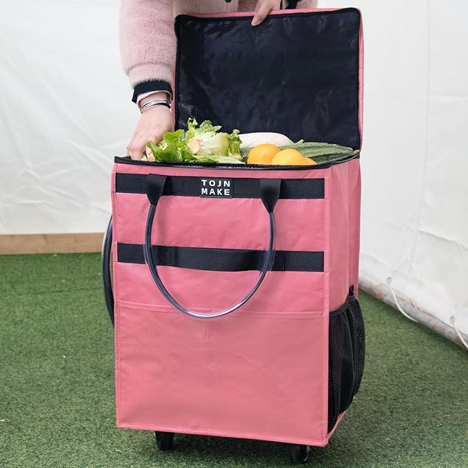 Reusable Grocery Bag On Wheels Shopping Trolley with 8 Pockets and Zipper Cover Foldable Rolling Tote, Heavy Duty Handles, Carries Up to 66 LBS (Large, Pink)