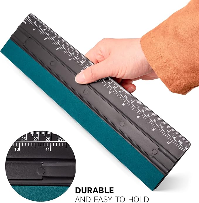 FOSHIO 12 Inch Felt Squeegee for Vinyl Built-in 30CM Ruler 4 Round Corners Universal Card Tint Squeegee with Suede Felt Edge, Window Tint Film Installing Hard Black PP Car Vinyl Wrap Scraper Tool