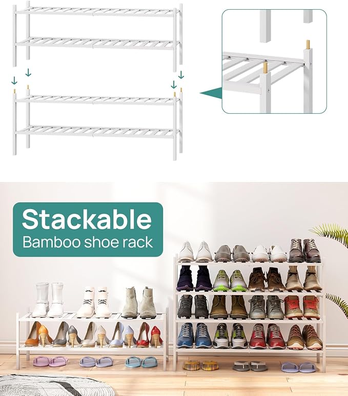 viewcare Long Shoe Rack for Entryway,Shoe Organizer for Hallway Closet, Bamboo Wood Shoe Racks for Indoor Outdoor (White, 2-T