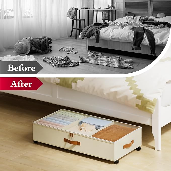 Yecaye Under Bed Storage with Wheels, 2 Pack Under Bed Storage Containers with Adjustable Dividers & Clear Lid, Rolling Under