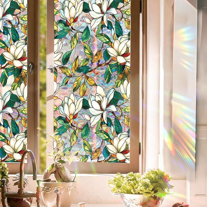 Retro Flower Window Privacy Film,Stained Glass Decals White Mangnolia Privacy Rainbow Decals Living Room Sun Blocking Decor Removable Static Cling Stickers,16.93x39.37inch