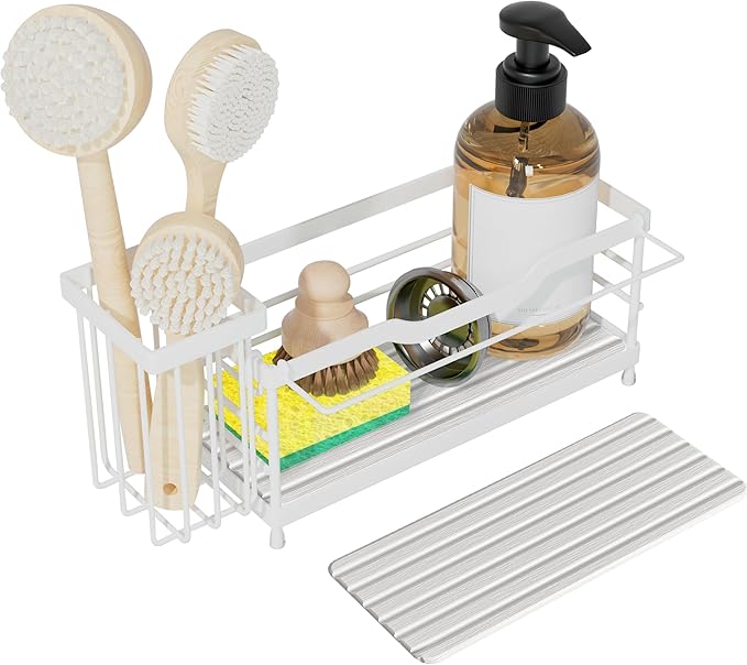 Sponge Holder for Kitchen Sink,Sink Caddy Organizer with Stone Drying Tray, Stainless Steel Kitchen Countertop Organizer for 