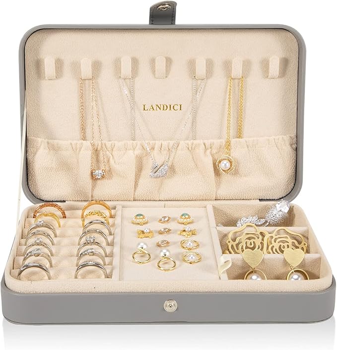 LANDICI Small Jewelry Box for Women Girls, PU Leather Travel Jewelry Case, Portable Jewelry Organizer Storage Holder Display 