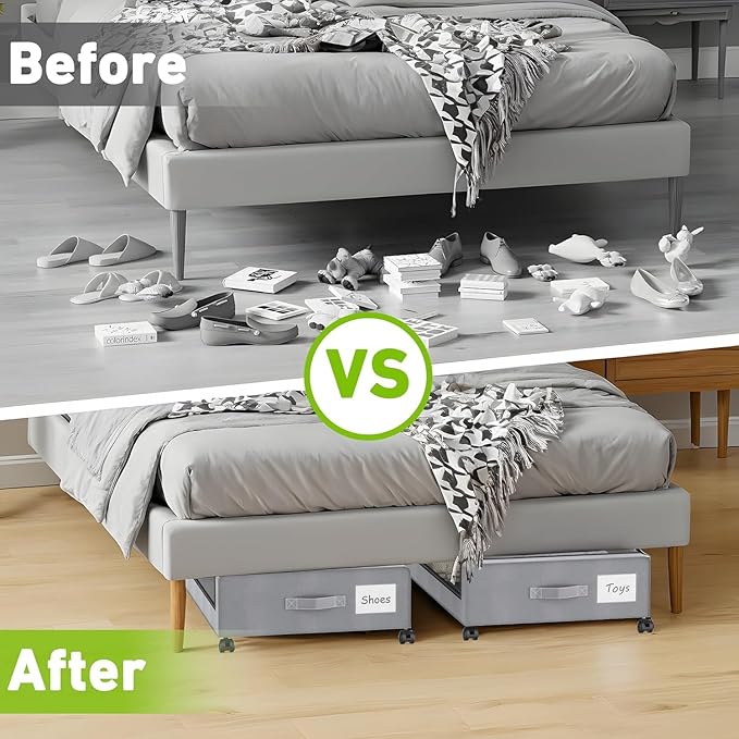 Beborxue Under Bed Storage with Wheels, 2-Pack Under the Bed Storage Containers with Lids, XXL 60L Under Bed Shoe Storage Org