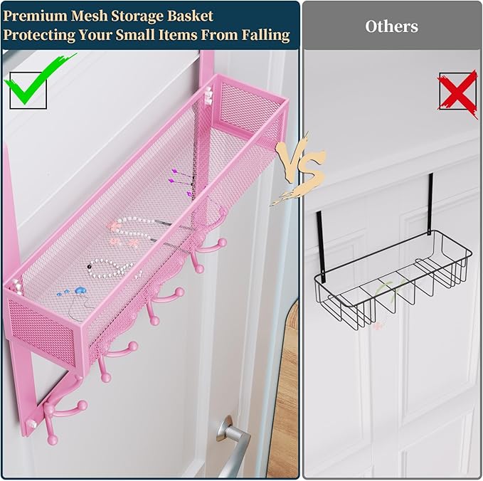 Consumest Over The Door Hooks Organizer - Over Door Hanger with 16 Hooks & 2 Baskets for Hanging Coat, Clothing, Towel, Back 