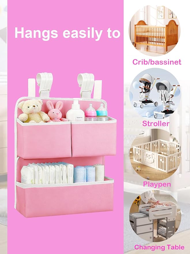 Hanging Diaper Organizer for Bassinet/Crib/Playpen/Playard – Hold 80+ Diapers - Changing Table Diaper Holder Attachment Acces