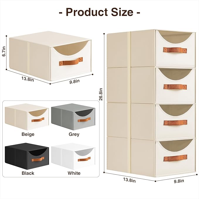Homsorout Stackable Storage Drawers - Collapsible Storage Bins with Drawers, 6 Pack Closet Shelf Organizer Basket, Fabric Pul