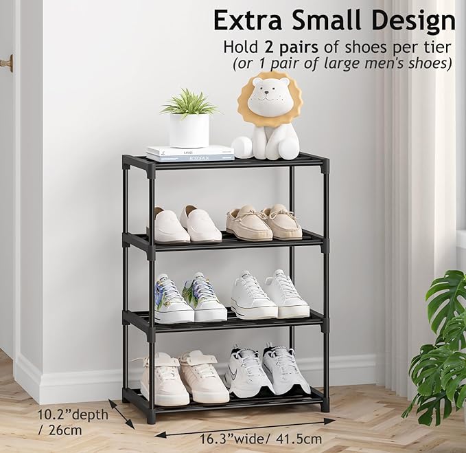 Autonomier 4 Tier Extra Small Shoe Rack (16.3" Wide), Narrow Stackable Shoe Shelf for Kids Toddler Adult, Lightweight Shoe Ra