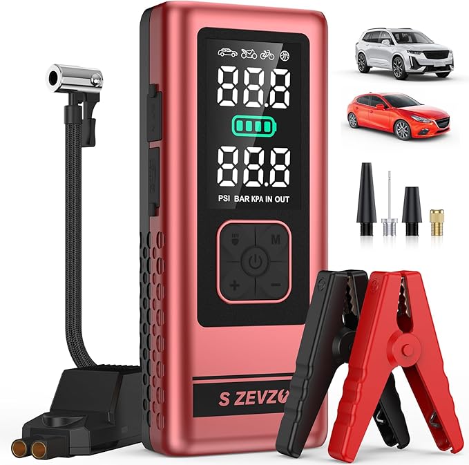 S ZEVZO Car Jump Starter with Air Compressor, 4000A 150PSI Jump Box Battery Pack(6.0 Gas/4.0L Diesel), Portable 12V Jump Box with Auto-Shutoff Tire Inflator, USB Ports, LCD Display & LED Light