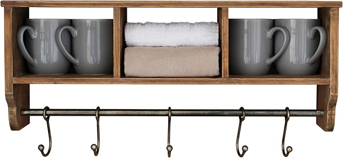 BizChair Wall Mounted Storage Rack - Rustic Brown Solid Pine Wood - 24 Inch - Upper Shelf - 5 Hooks - Wire Baskets - For Entr
