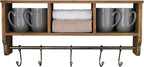 BizChair Wall Mounted Storage Rack - Rustic Brown Solid Pine Wood - 24 Inch - Upper Shelf - 5 Hooks - Wire Baskets - For Entr