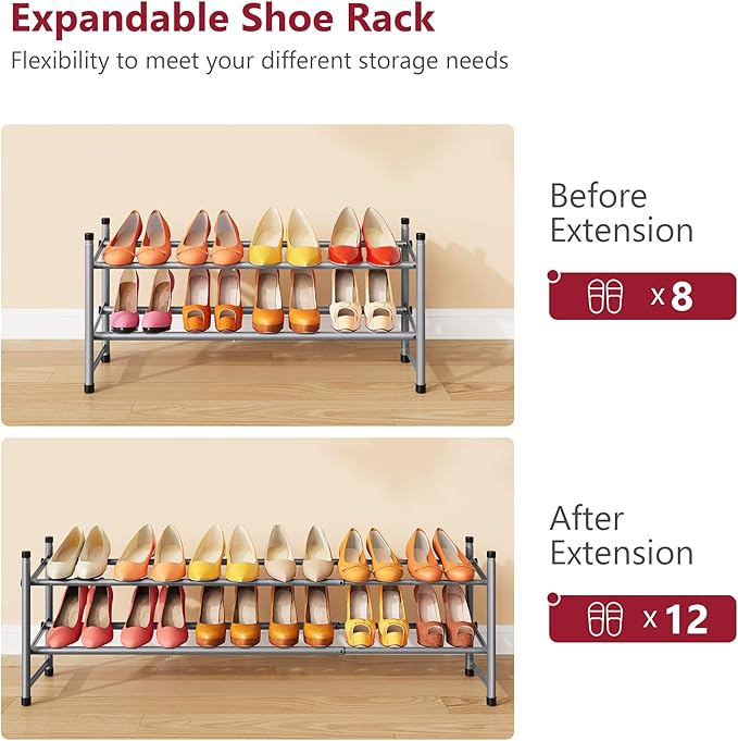 Tajsoon 2 Tier Expandable Shoe Rack for Closet, 28“-41“Adjustable & Stackable Shoe Shelf Storage, Metal Shoe Rack Organizer f