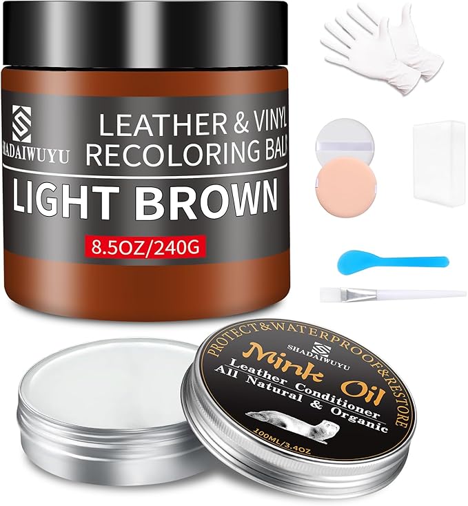 SHADAIWUYU 8.5oz Leather Recoloring Balm with 100ml Mink Oil,Light Brown Leather Repair kit for Furniture and Car Interior,Le
